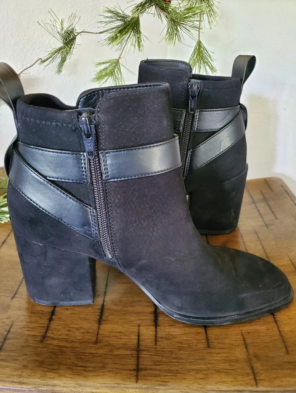 Vionic Tenley Square Toe Black Suede Ankle Booties Strap Buckle